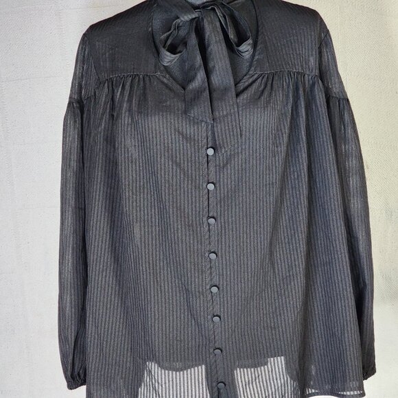 Time and Tru Black Soot Long Sleeve Tie Neck Polyester Relaxed Fit Button Up Top - Picture 4 of 16